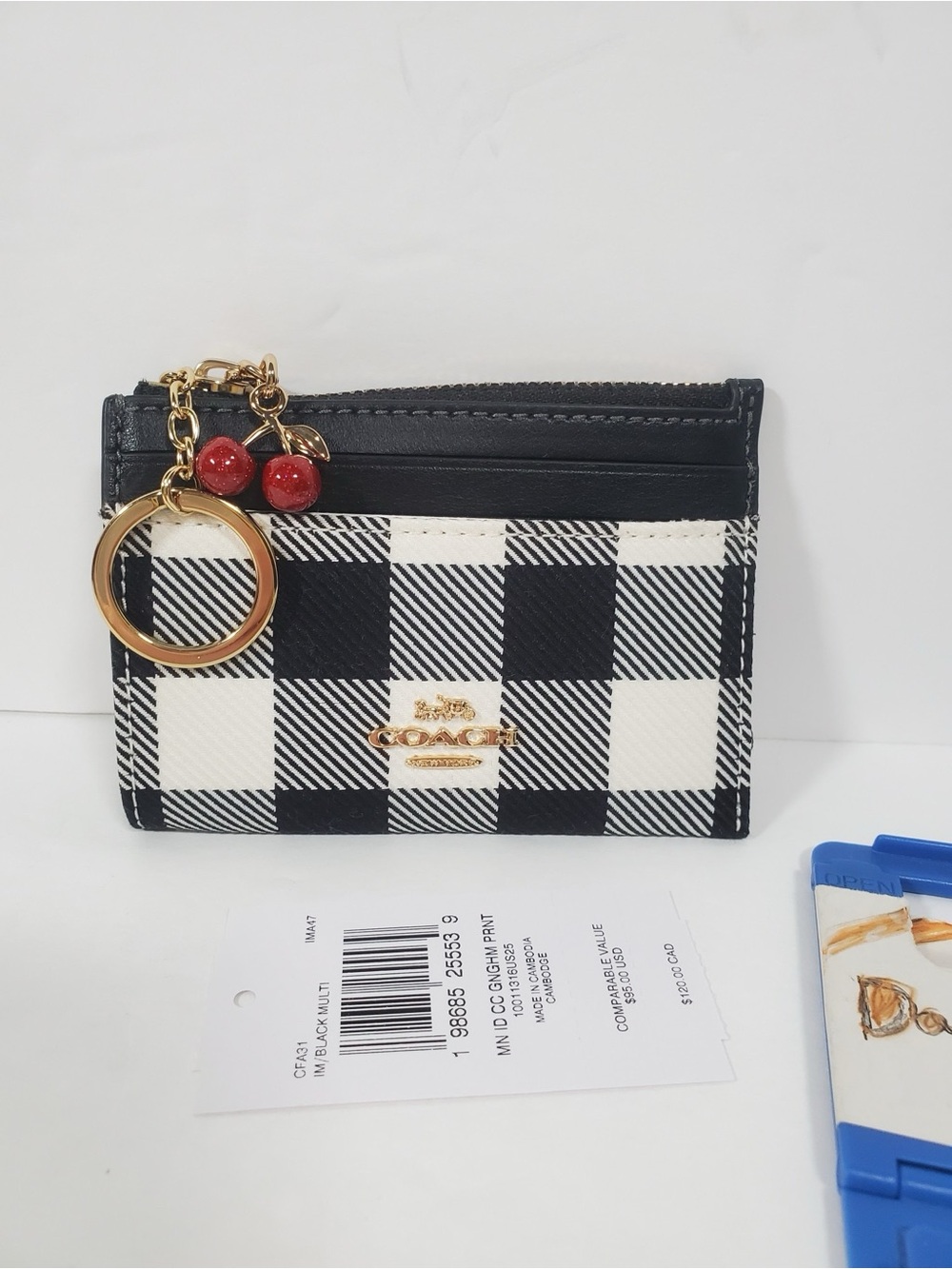 Coach Mini Skinny Id Case With Gingham Print And Charm NWT